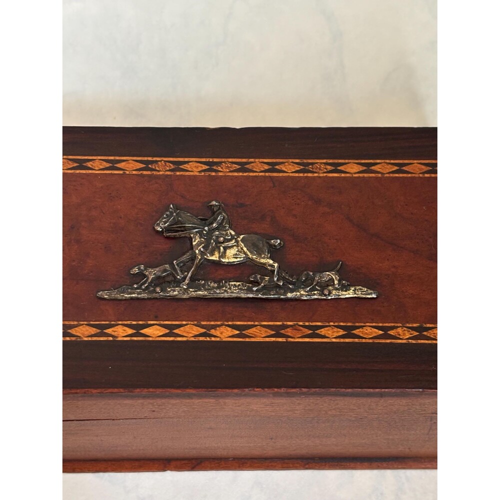 Antique Wood Inlay Trinket Box: Equestrian Hunt Scene